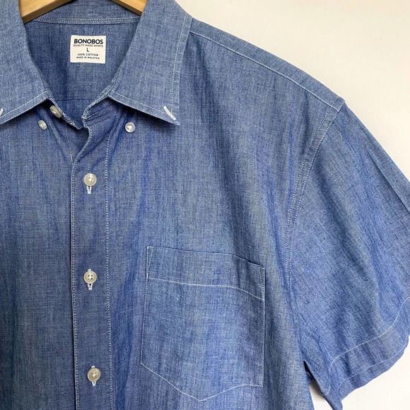 Bonobos Blue Chambray 100% Cotton Short Sleeves Button-Down Shirt Men's Size L - Picture 2 of 5
